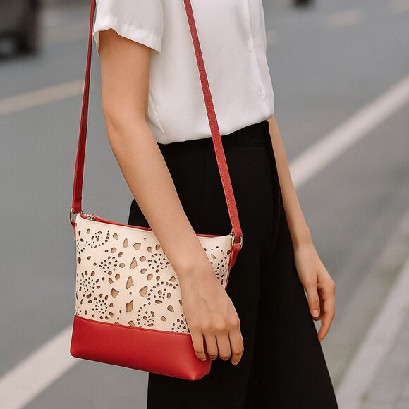 NEW Vegan Leather Red Hollow Cut Out Shoulder Bag - Picture 2 of 10